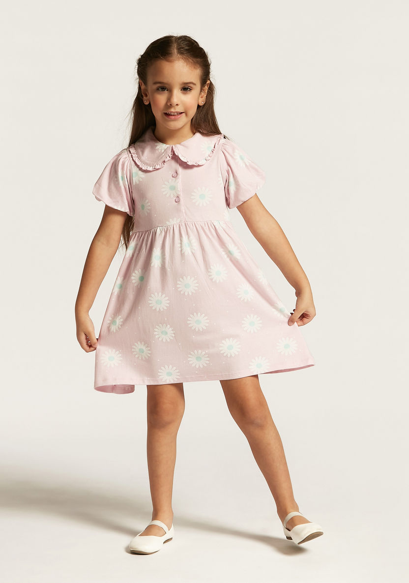 Juniors Floral Print Dress with Peter Pan Collar and Short Sleeves-Dresses, Gowns & Frocks-image-1