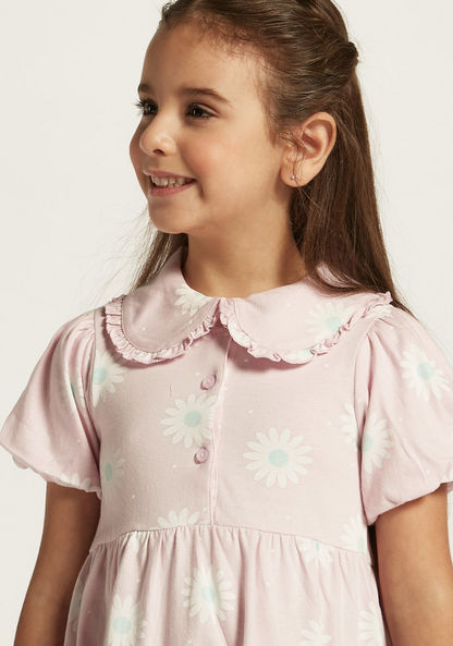 Juniors Floral Print Dress with Peter Pan Collar and Short Sleeves