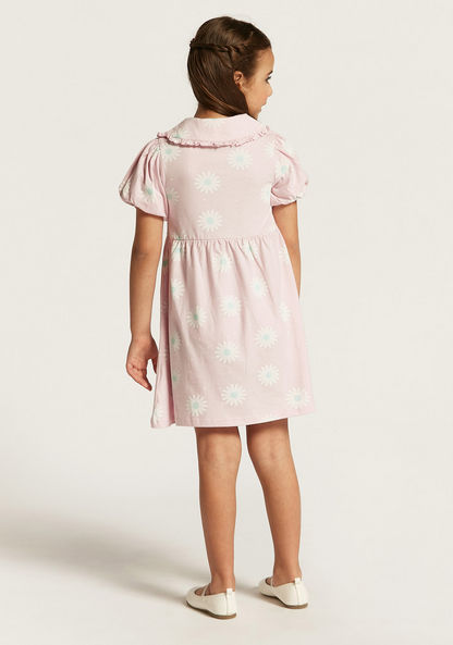 Juniors Floral Print Dress with Peter Pan Collar and Short Sleeves