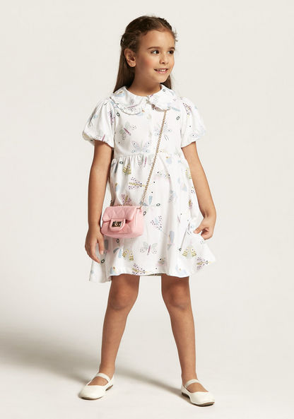 Juniors Butterfly Print Dress with Peter Pan Collar and Puff Sleeves