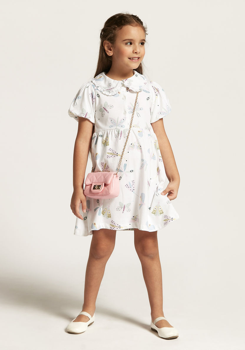Juniors Butterfly Print Dress with Peter Pan Collar and Puff Sleeves-Dresses, Gowns & Frocks-image-0