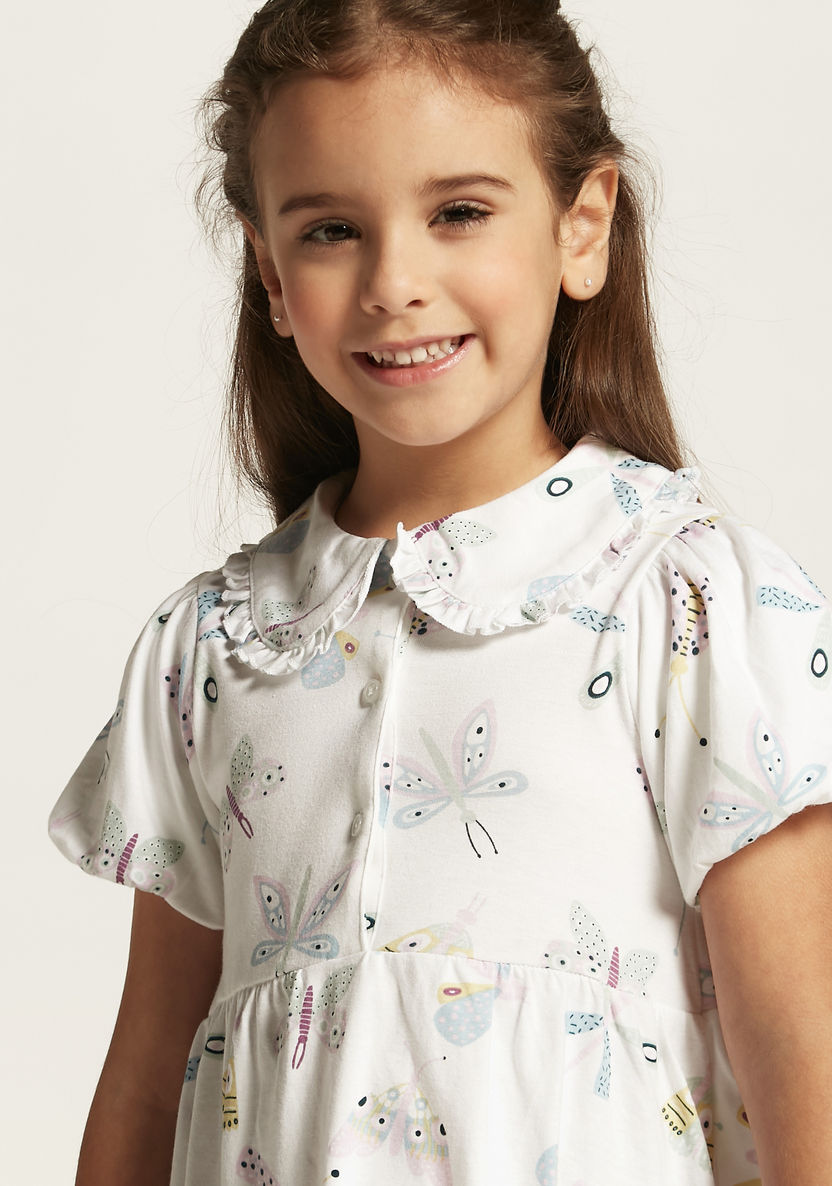Juniors Butterfly Print Dress with Peter Pan Collar and Puff Sleeves-Dresses, Gowns & Frocks-image-1