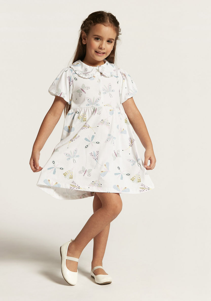 Juniors Butterfly Print Dress with Peter Pan Collar and Puff Sleeves-Dresses, Gowns & Frocks-image-2