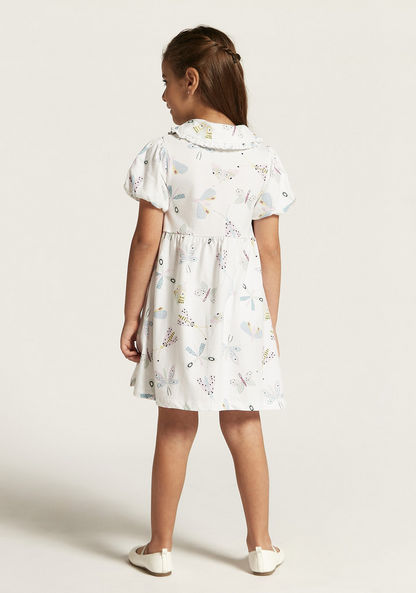 Juniors Butterfly Print Dress with Peter Pan Collar and Puff Sleeves