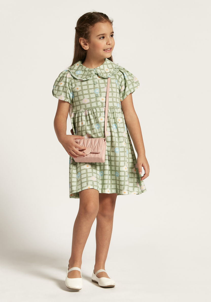 Juniors Checked Dress with Peter Pan Collar and Short Sleeves-Dresses, Gowns & Frocks-image-1