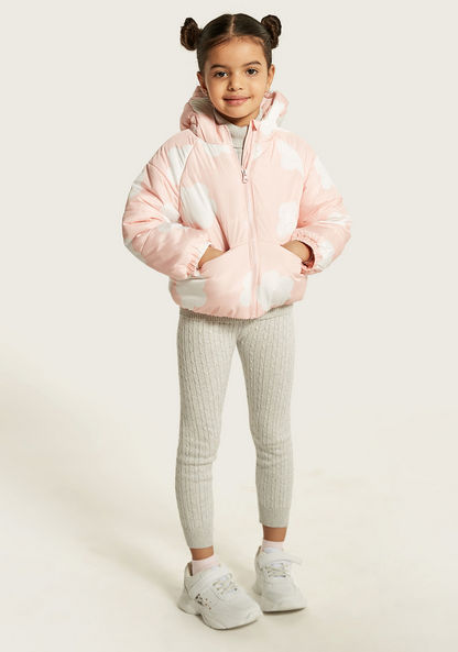 Juniors Floral Print Puffer Jacket with Hood and Pockets