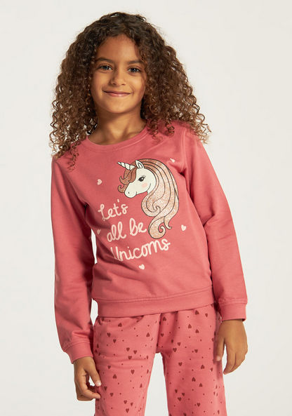 Juniors Unicorn Print Sweatshirt with Round Neck and Long Sleeves