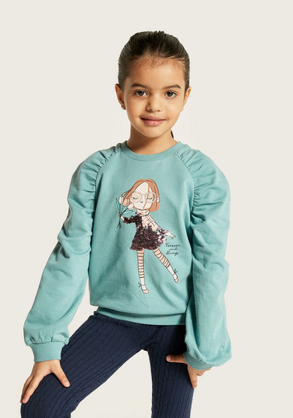 Juniors Printed Sweatshirt with Ruched Detail and Long Sleeves