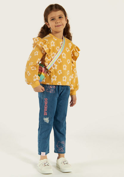 Juniors Floral Applique Sweatshirt with Ruffle Detail and Long Sleeves