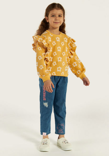 Juniors Floral Applique Sweatshirt with Ruffle Detail and Long Sleeves
