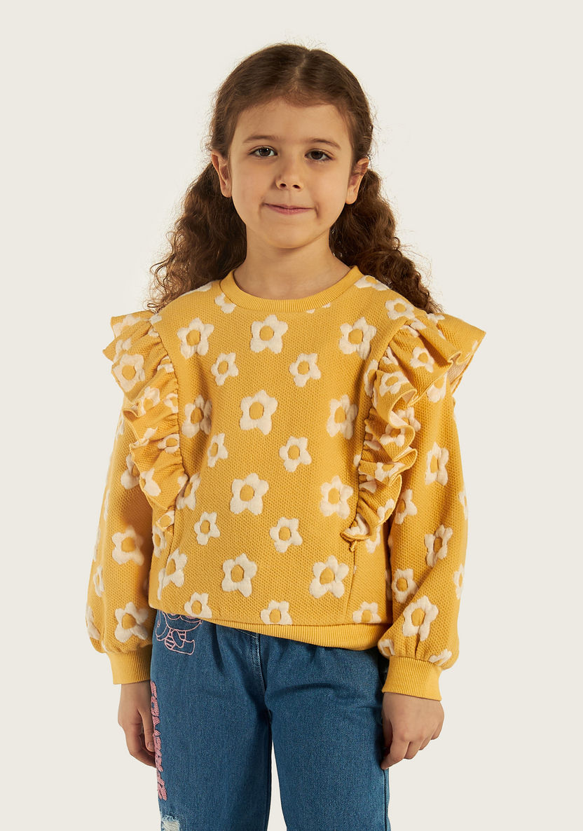 Juniors Floral Applique Sweatshirt with Ruffle Detail and Long Sleeves-Sweaters and Cardigans-image-2