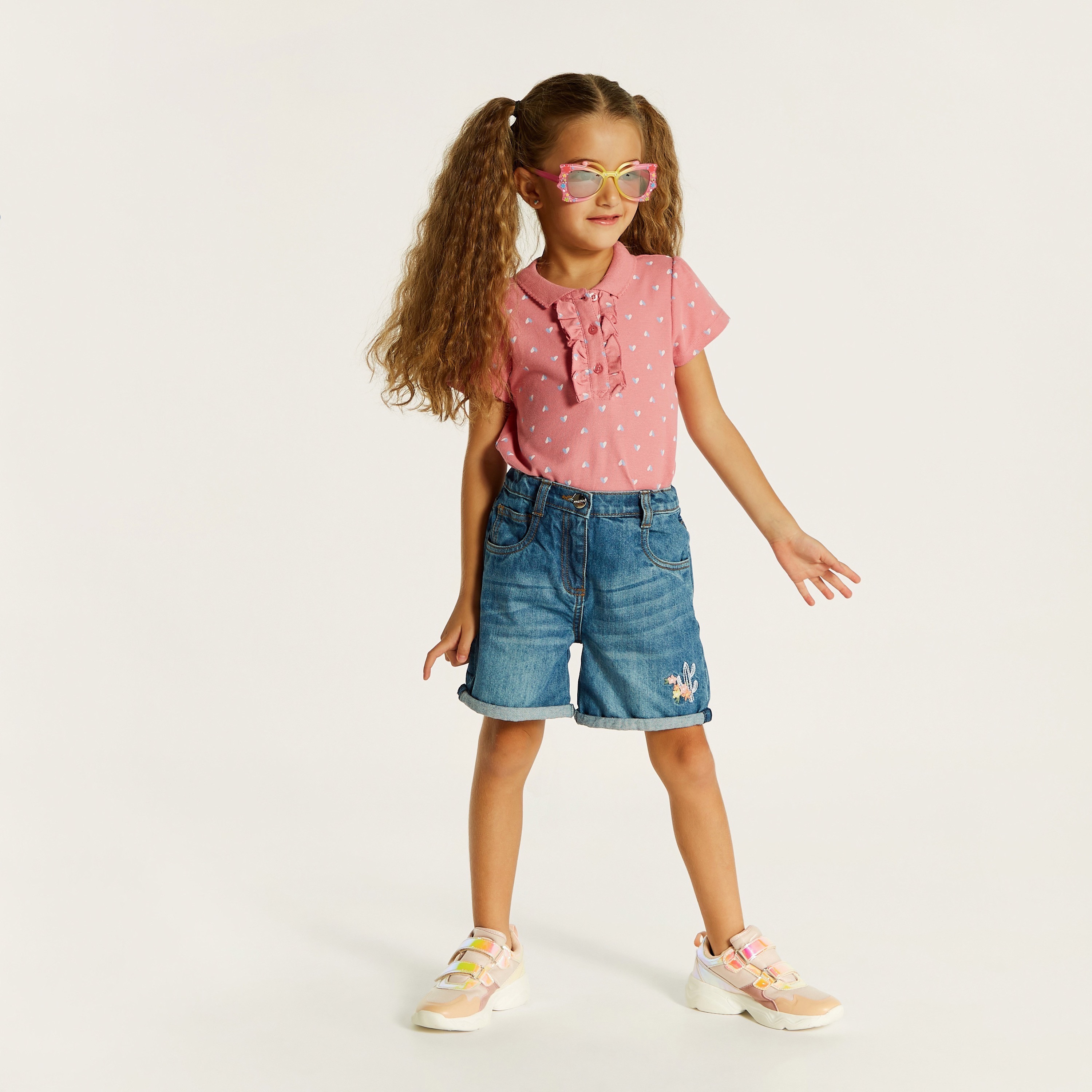 Juniors Floral Embroidered Denim Shorts with Button Closure and Pocket-baby-girls-clothing-bottoms-shorts-image-1
