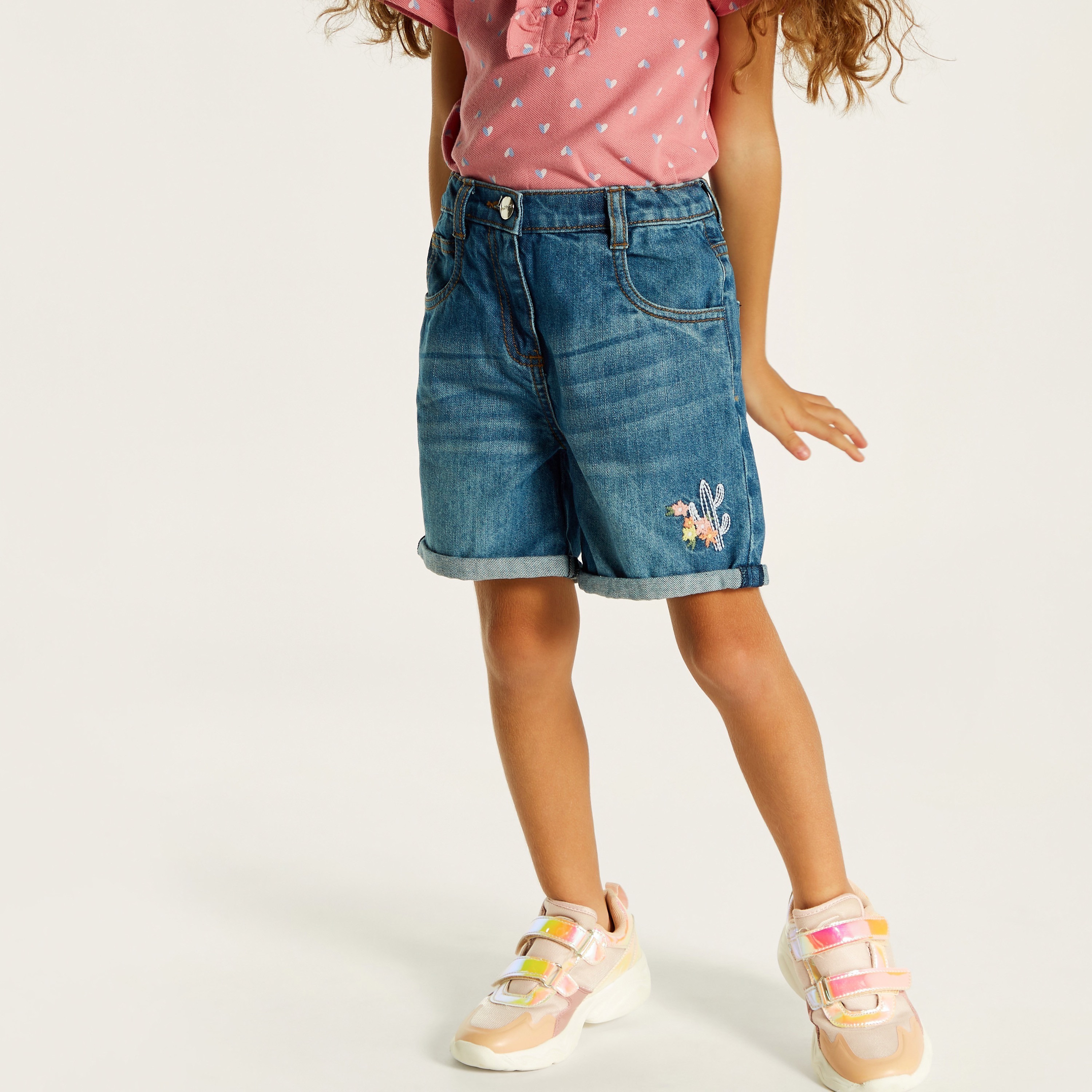 Juniors Floral Embroidered Denim Shorts with Button Closure and Pocket-baby-girls-clothing-bottoms-shorts-image-2