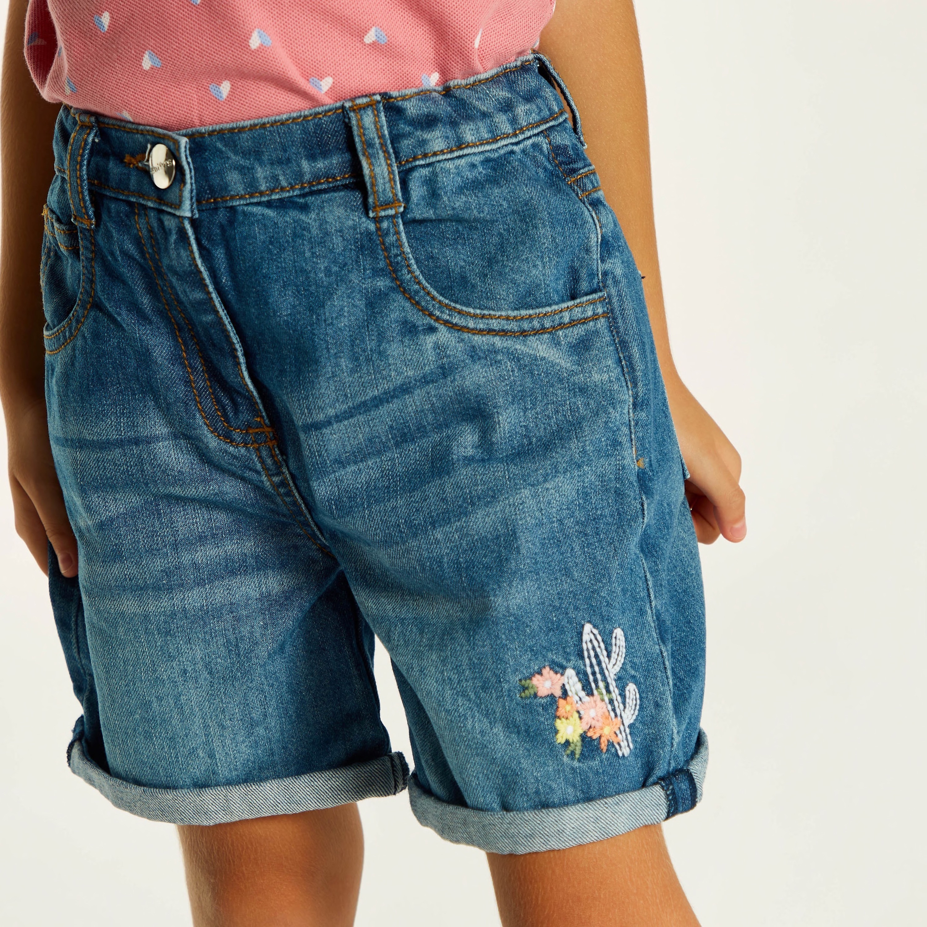 Juniors Floral Embroidered Denim Shorts with Button Closure and Pocket-baby-girls-clothing-bottoms-shorts-image-3