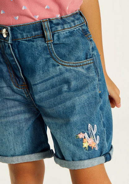 Juniors Floral Embroidered Denim Shorts with Button Closure and Pocket-Shorts-image-2