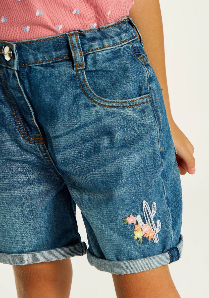 Juniors Floral Embroidered Denim Shorts with Button Closure and Pocket-Shorts-image-2