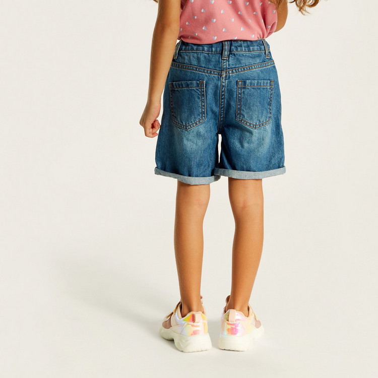 Juniors Floral Embroidered Denim Shorts with Button Closure and Pocket