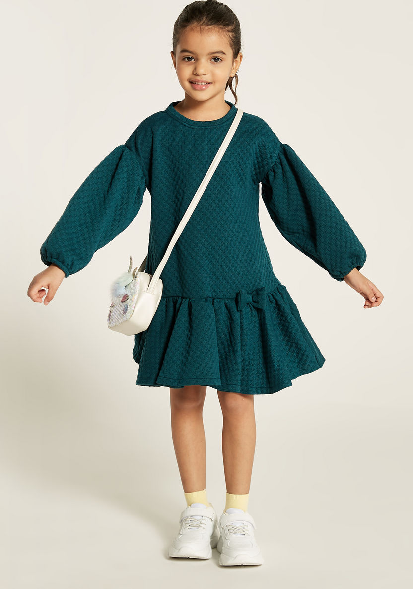 Juniors Textured Dress with Bow Accent and Flounce Hem-Dresses, Gowns & Frocks-image-0
