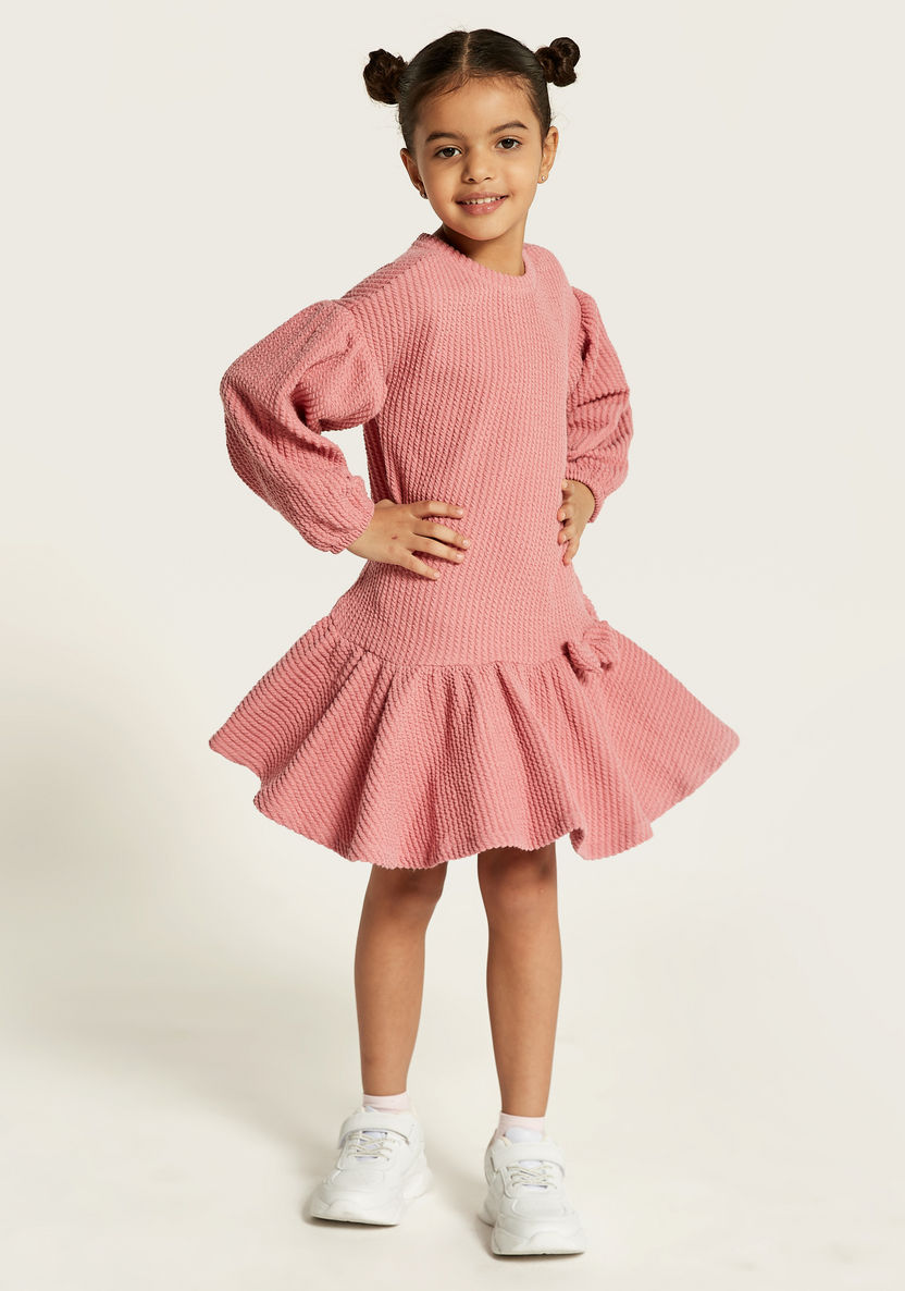 Juniors Textured Dress with Bow Accent and Flounce Hem-Dresses, Gowns & Frocks-image-1