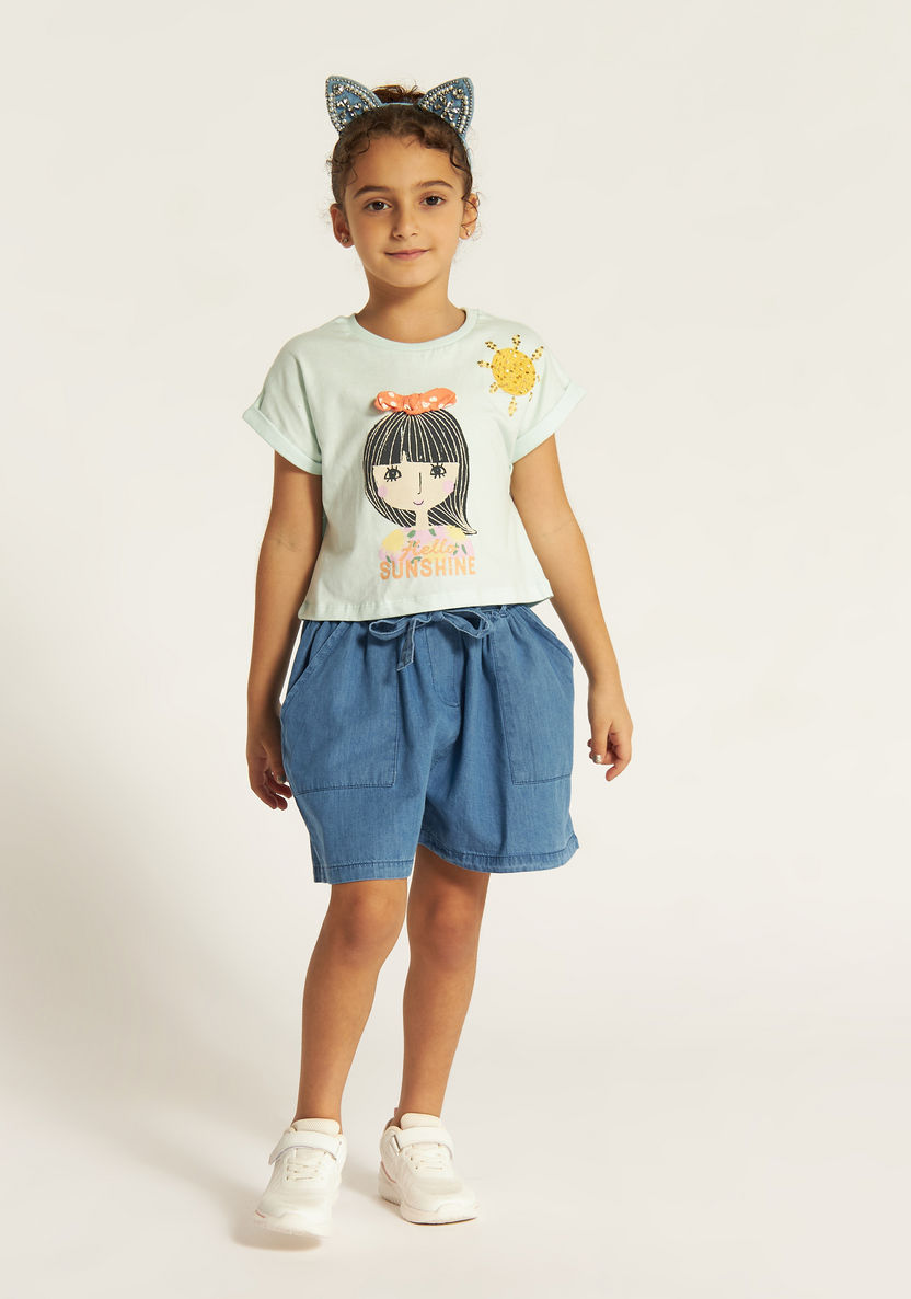 Juniors Printed Crew Neck T-shirt and Denim Shorts Set-Clothes Sets-image-0
