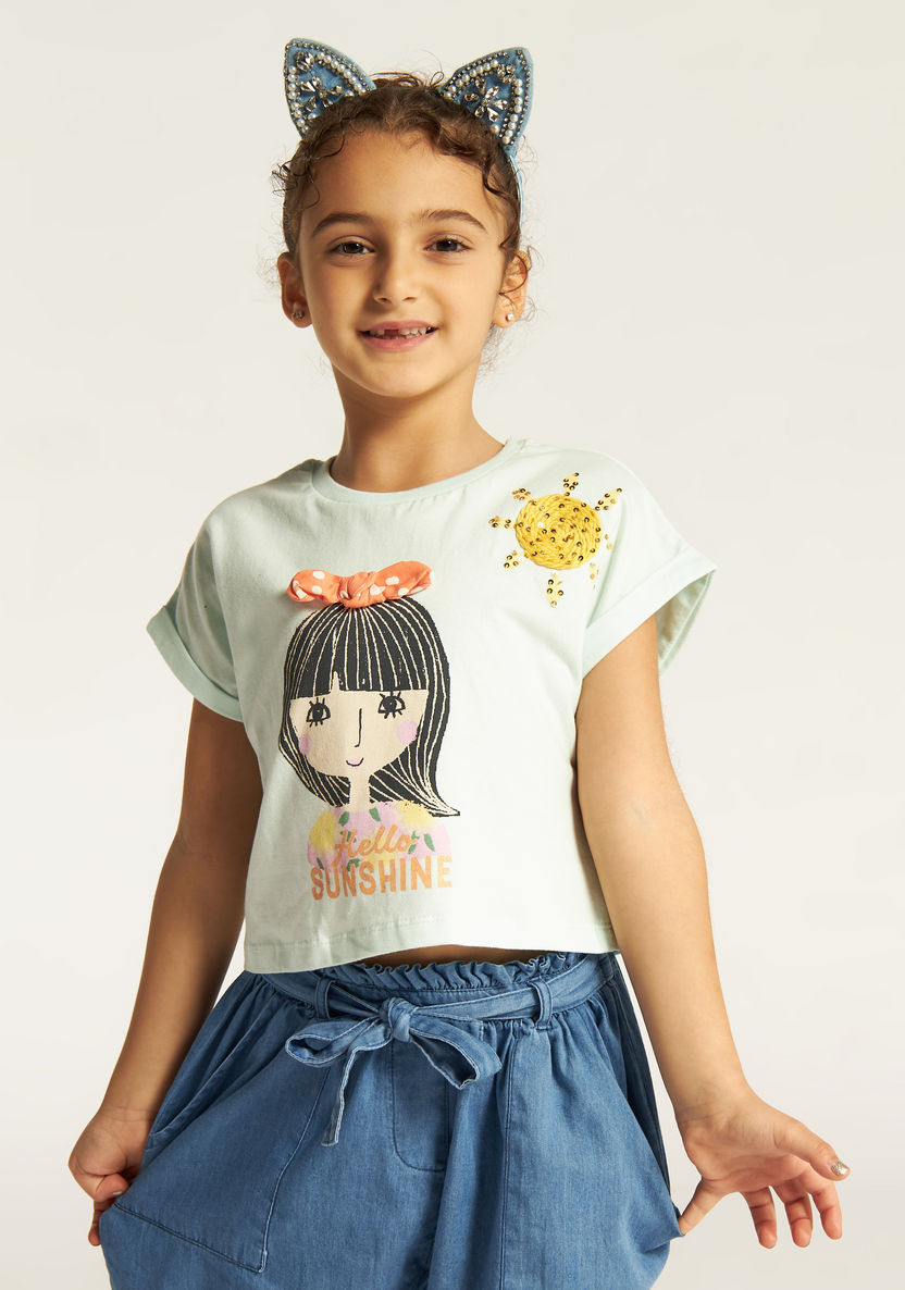 Juniors Printed Crew Neck T-shirt and Denim Shorts Set-Clothes Sets-image-2