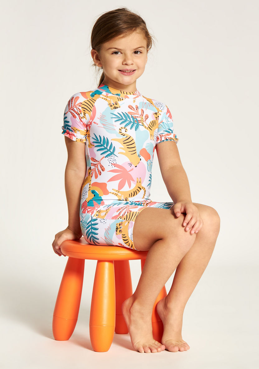 Juniors Printed Swimsuit with Raglan Sleeves-Swimwear-image-0