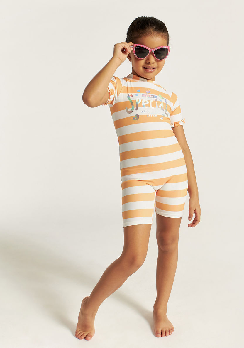 Juniors Striped Swimsuit with Short Sleeves-Swimwear-image-0