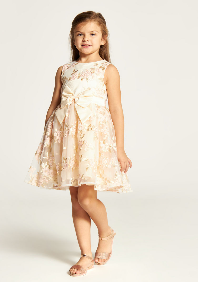 Juniors Lace Textured Sleeveless A-line Dress with Bow Accent-Dresses%2C Gowns and Frocks-image-0