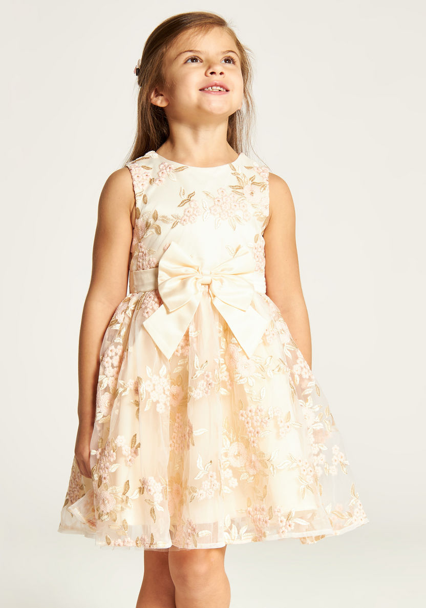 Juniors Lace Textured Sleeveless A-line Dress with Bow Accent-Dresses%2C Gowns and Frocks-image-1