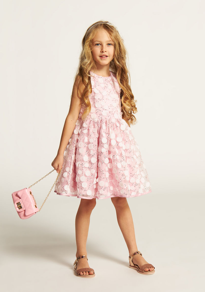 Juniors Textured Sleeveless A-line Dress with Sequin Embellishments-Dresses%2C Gowns and Frocks-image-0