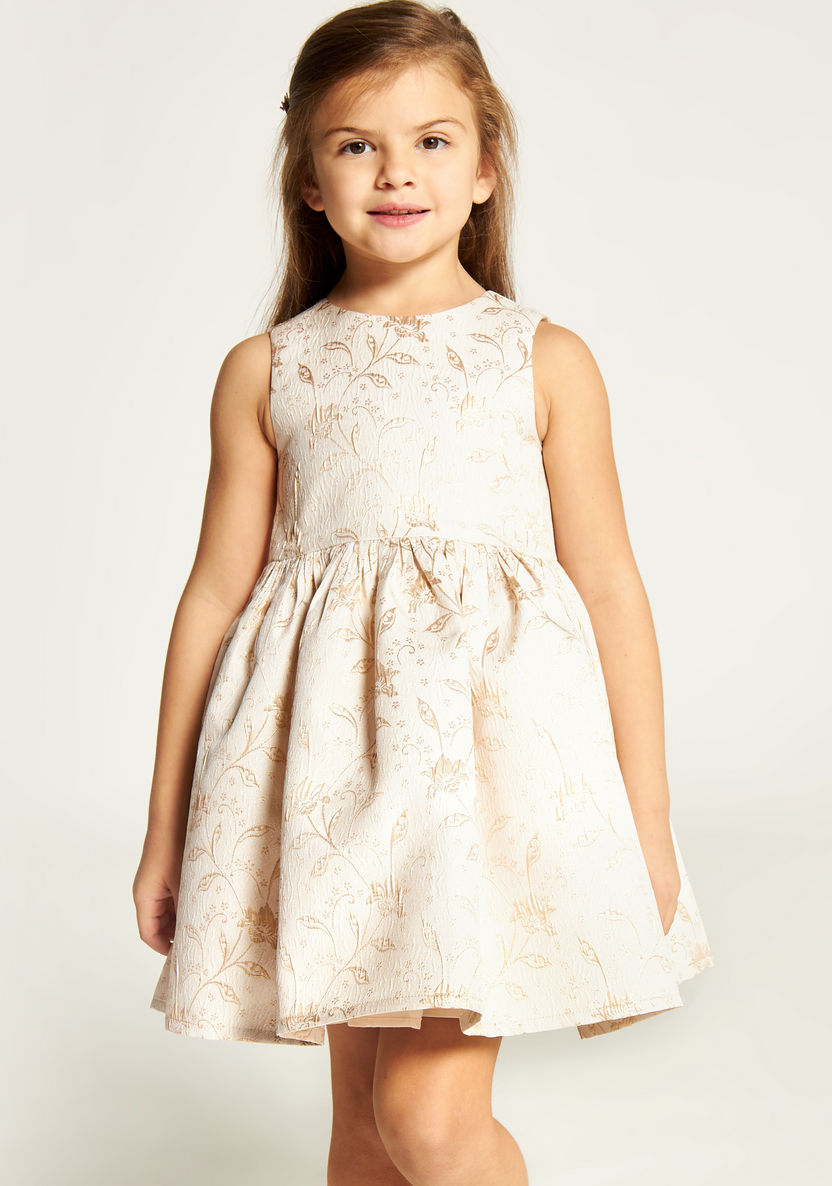 Juniors Printed Sleeveless Dress with Round Neck and Zip Closure-Dresses%2C Gowns and Frocks-image-1