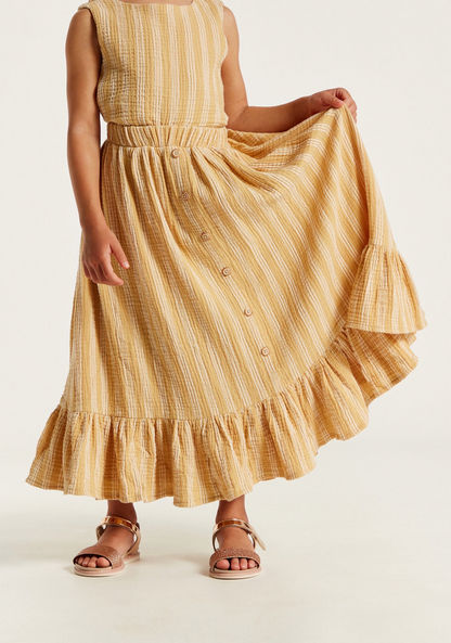 Striped A-line Maxi Skirt with Button Accents and Elasticised Waistband