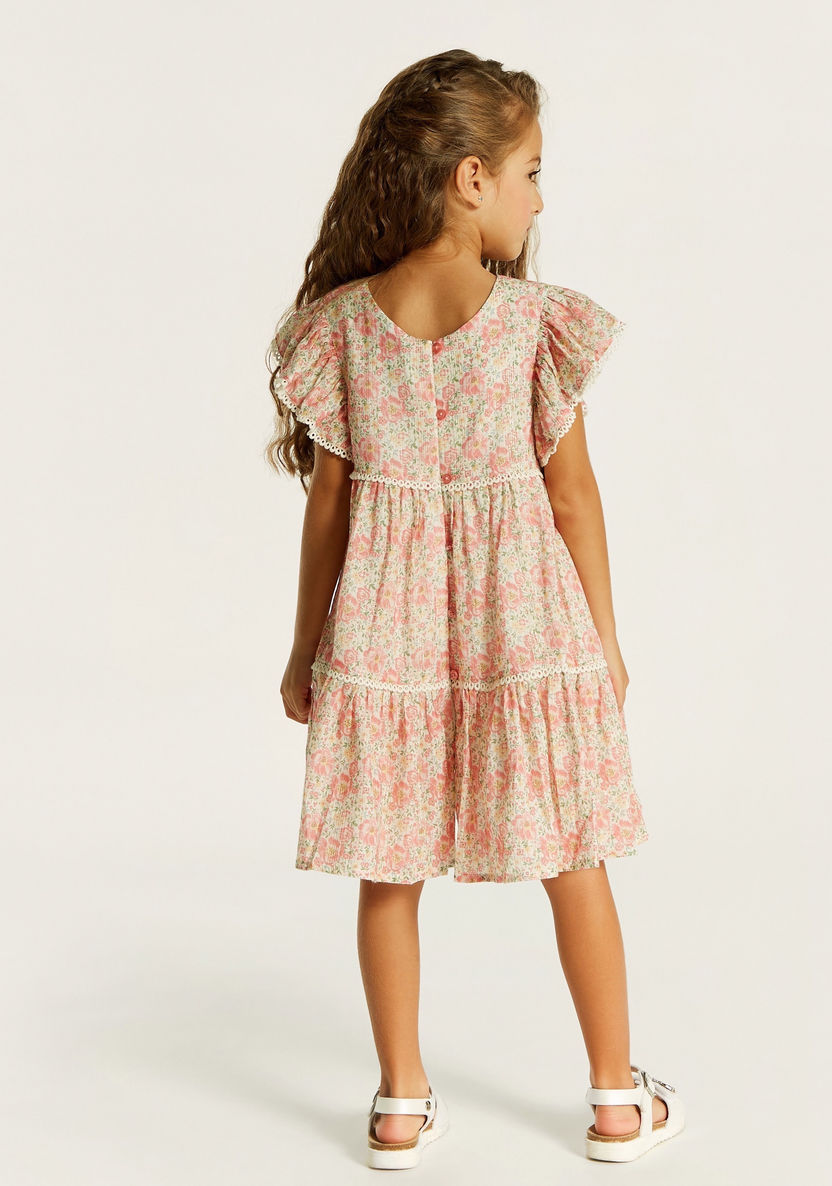Floral Print Tiered Dress with Flutter Sleeves and Button Closure-Dresses, Gowns & Frocks-image-3