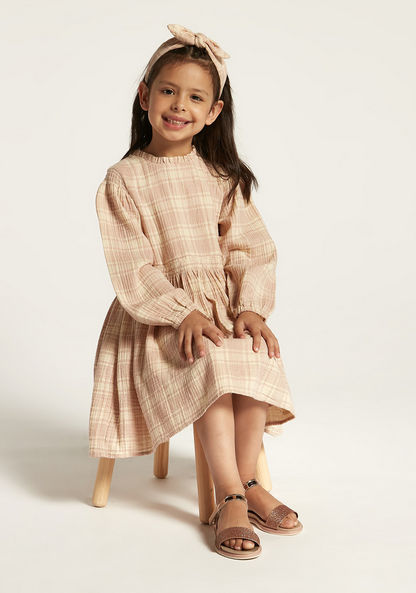 Eligo Checked Dress with Ruffle Detail and Long Sleeves