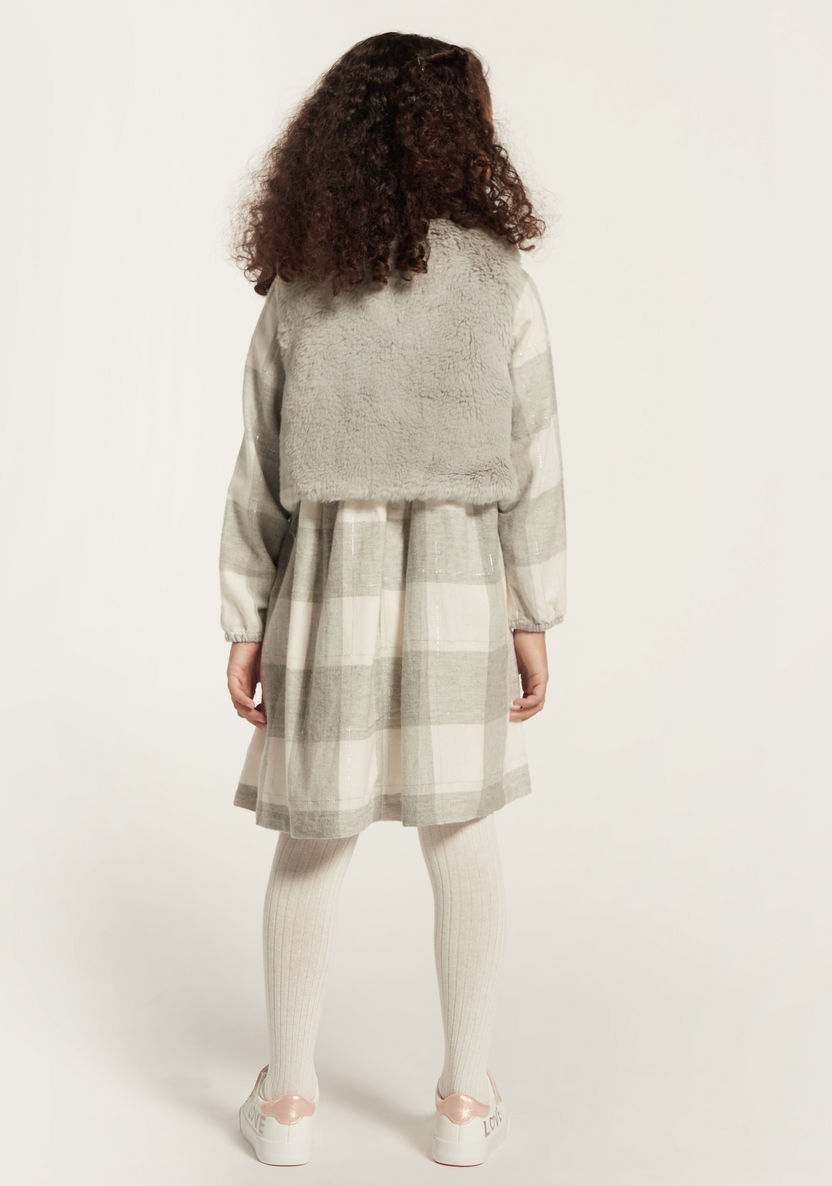 Eligo Checked Dress with Plush Textured Sleeveless Jacket Set-Dresses%2C Gowns and Frocks-image-5