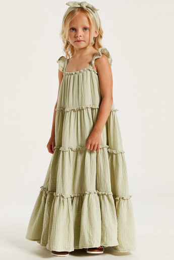Textured Sleeveless Tiered Maxi Dress with Ruffle Detail