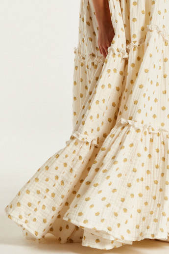 Polka Dot Print Sleeveless Tiered Dress with Frill Detail