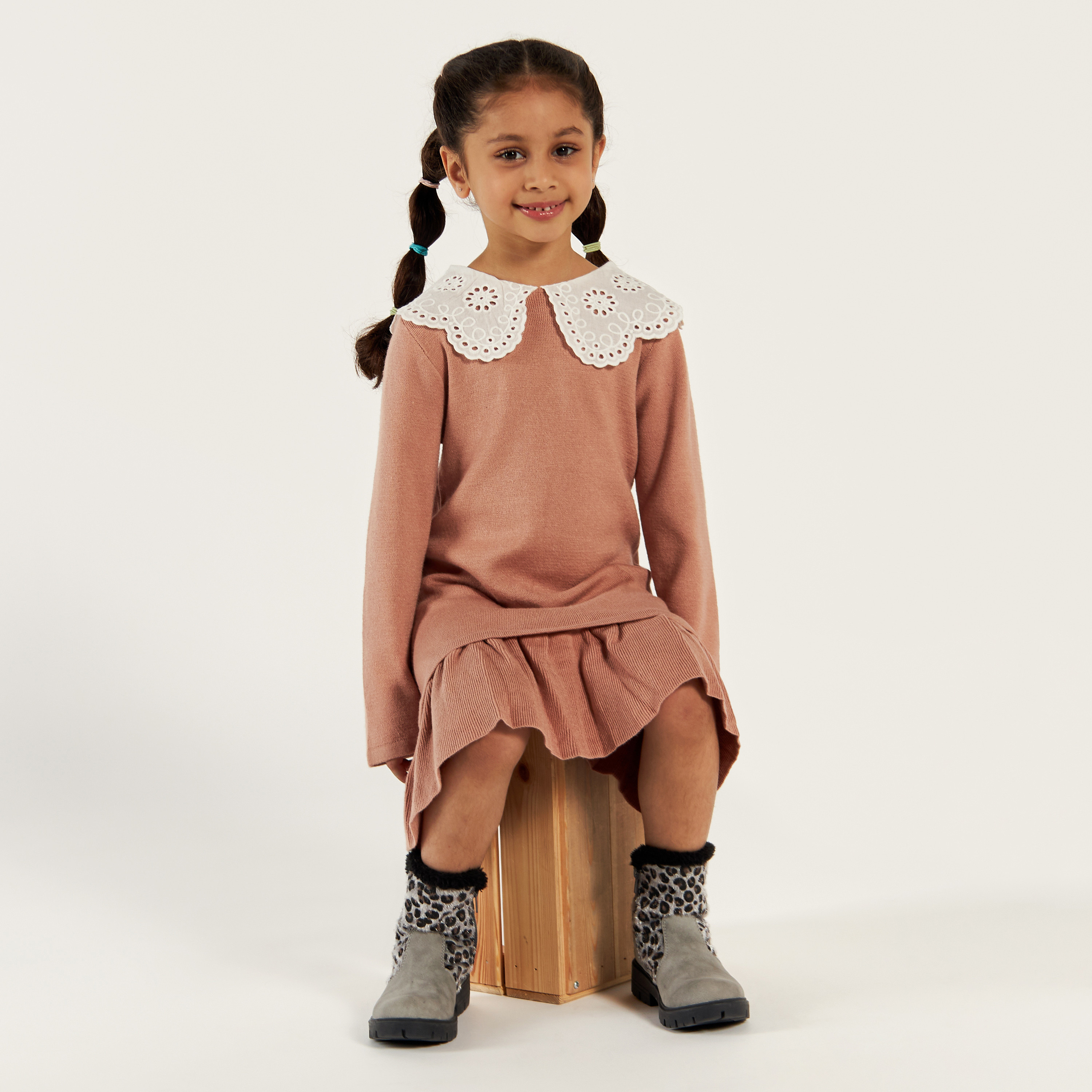 Eligo Solid Dress with Schiffli Textured Collar and Long Sleeves-girls-clothing-dressesandjumpsuits-image-1