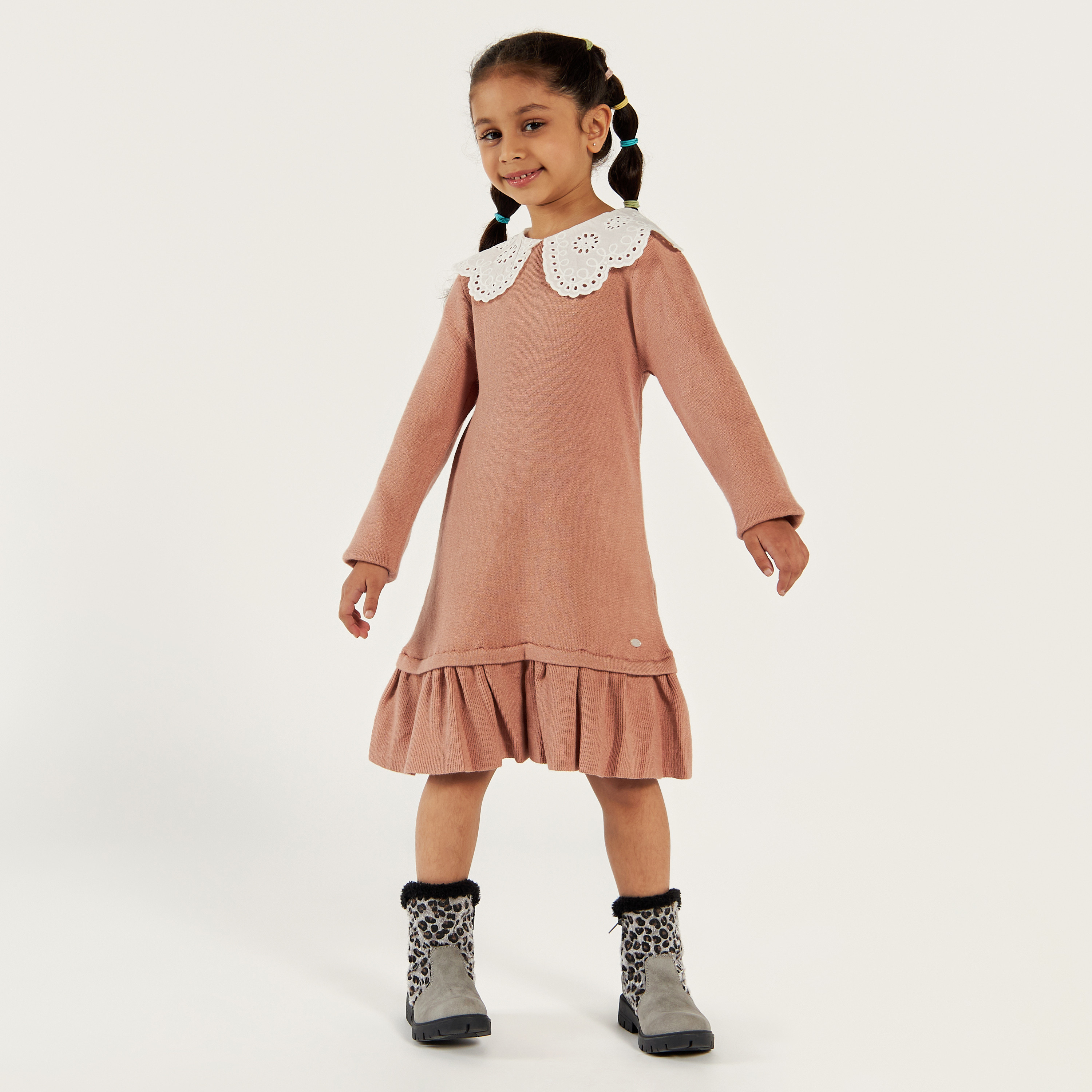 Eligo Solid Dress with Schiffli Textured Collar and Long Sleeves-girls-clothing-dressesandjumpsuits-image-2