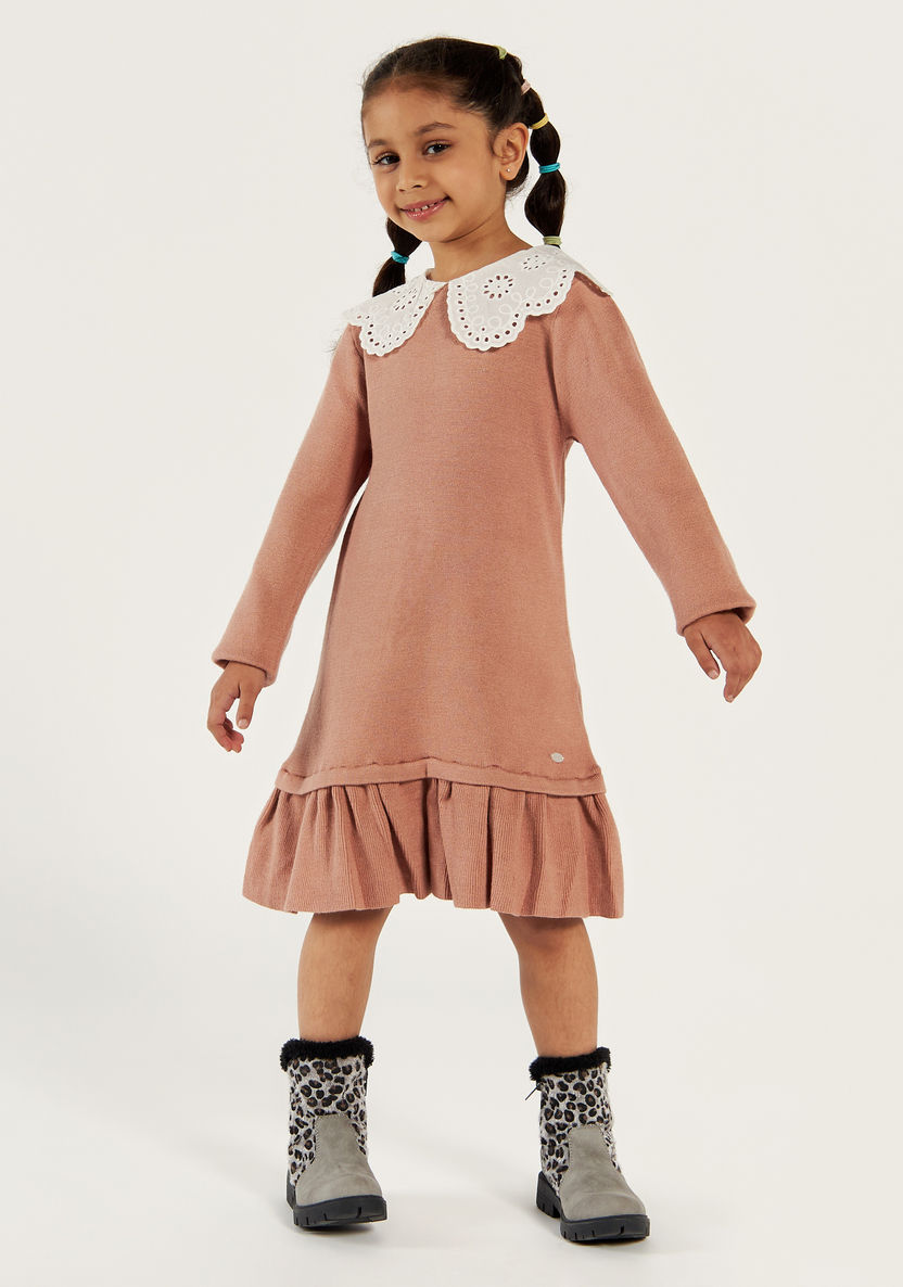 Eligo Solid Dress with Schiffli Textured Collar and Long Sleeves-Dresses, Gowns & Frocks-image-1