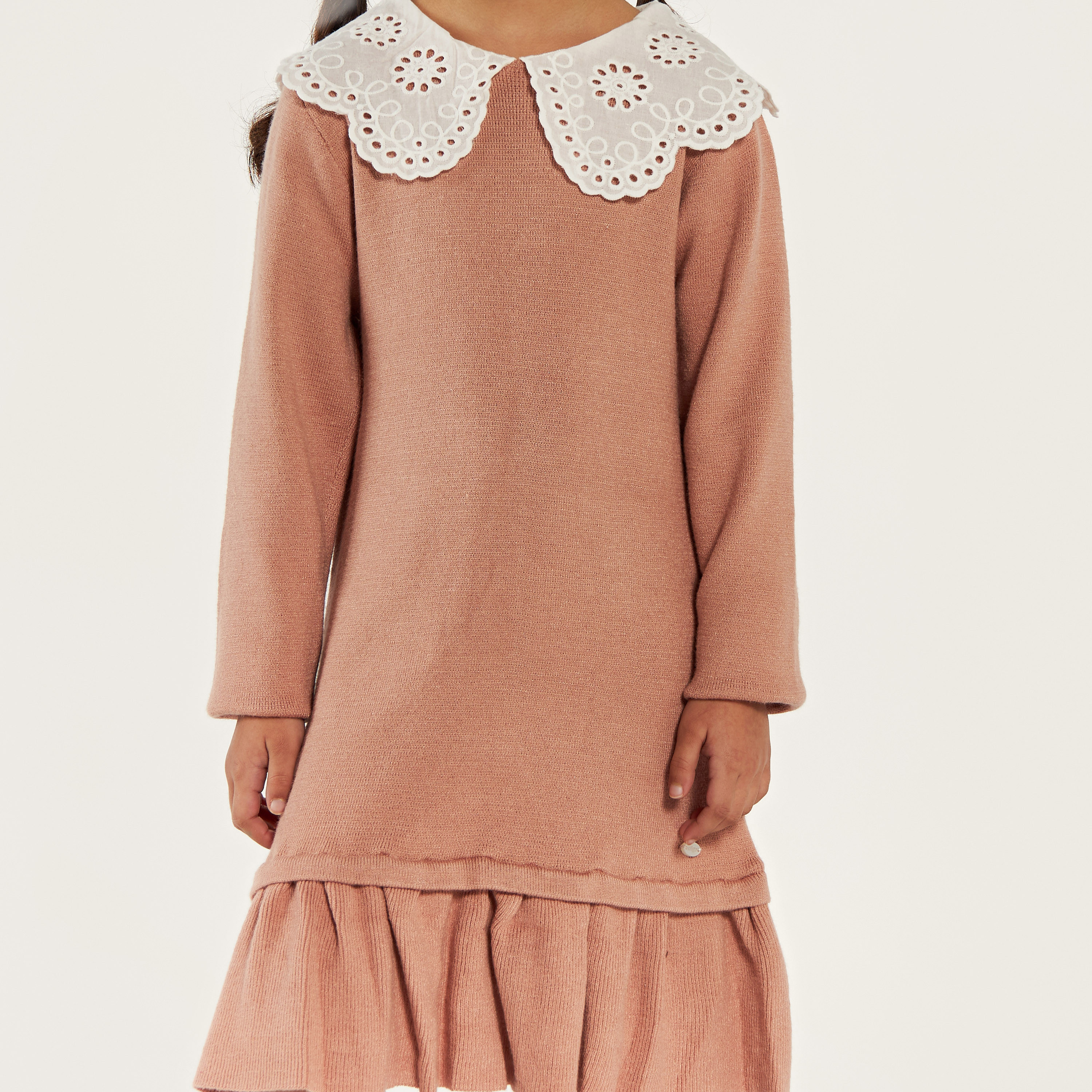 Eligo Solid Dress with Schiffli Textured Collar and Long Sleeves-girls-clothing-dressesandjumpsuits-image-3