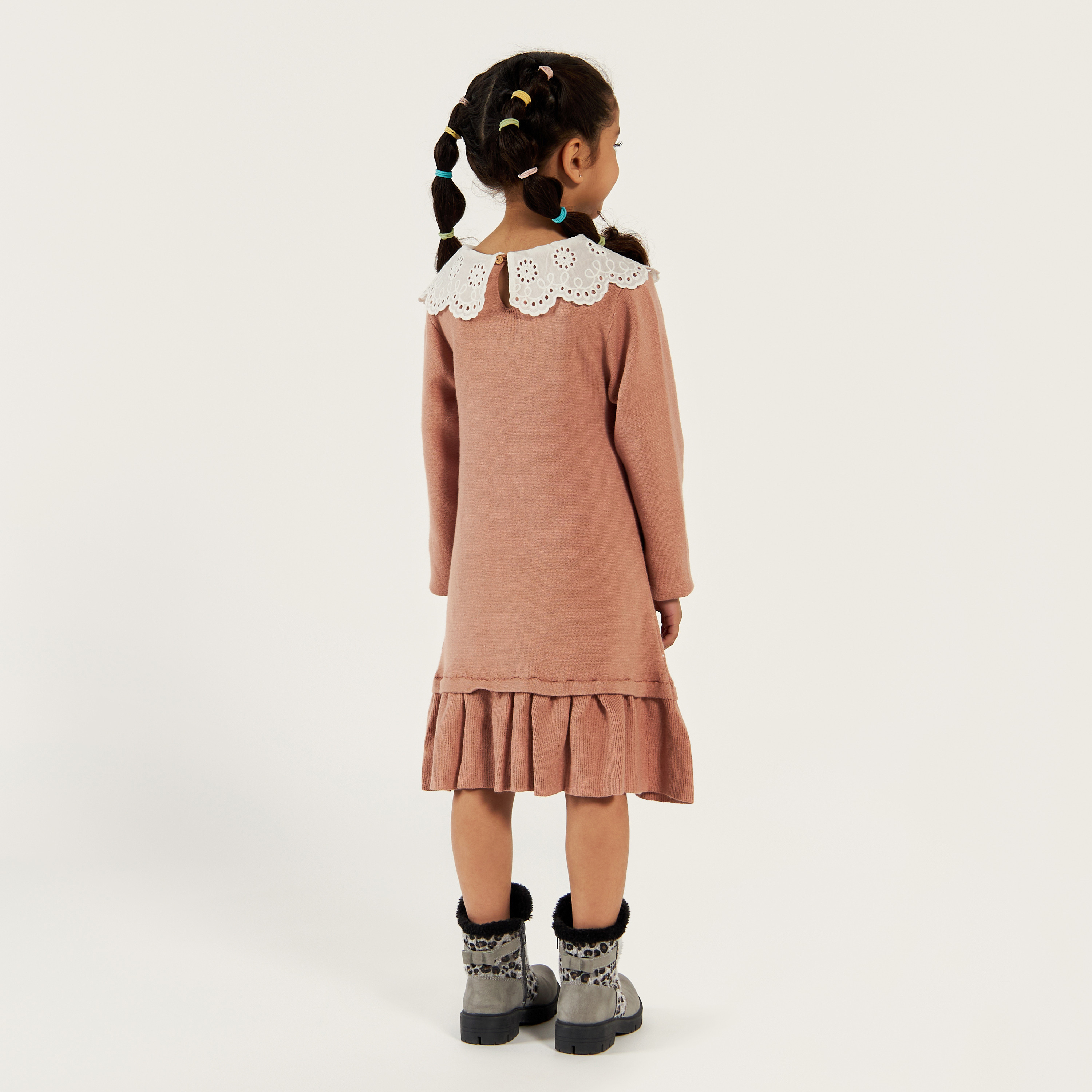 Eligo Solid Dress with Schiffli Textured Collar and Long Sleeves-girls-clothing-dressesandjumpsuits-image-4