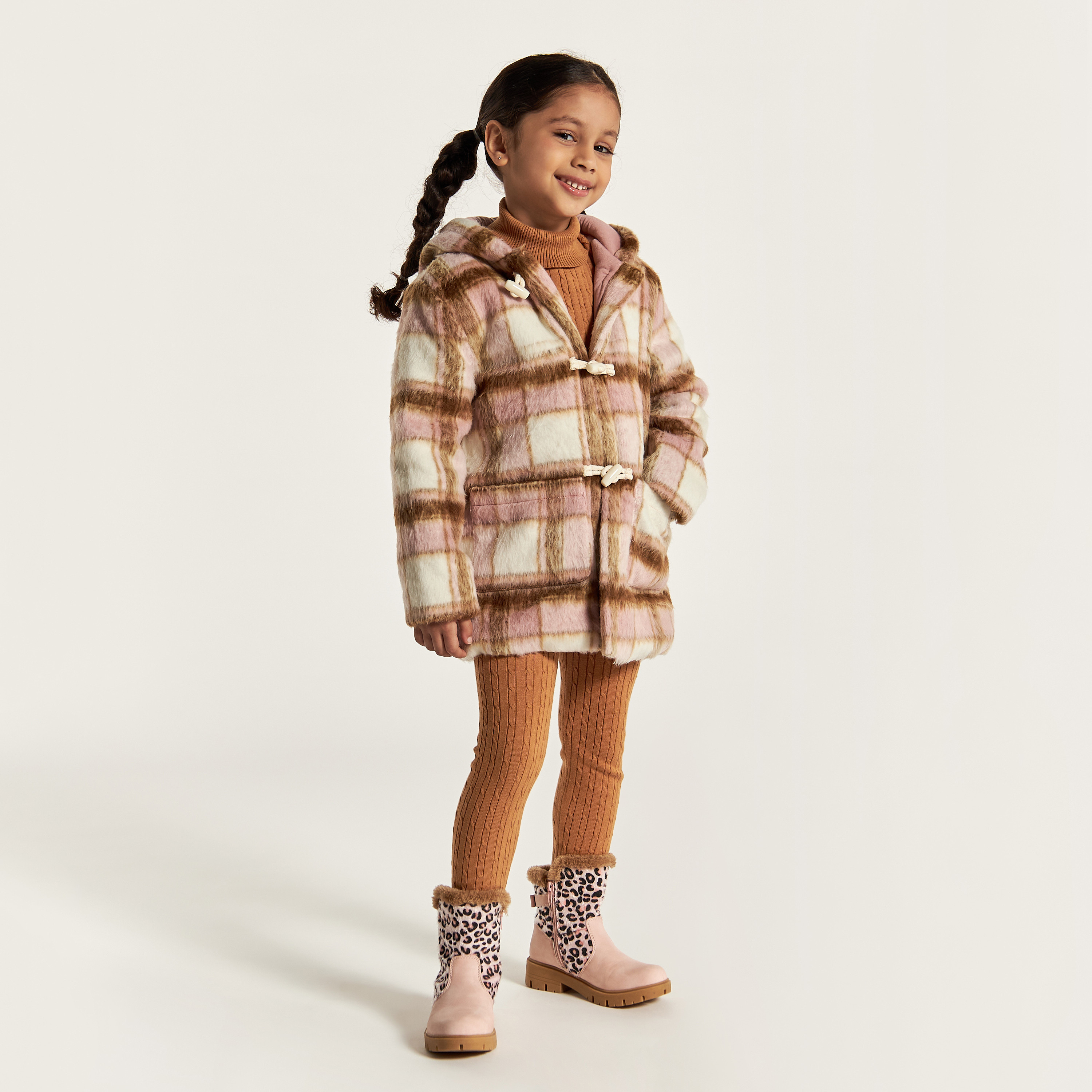 Eligo Checked Long Sleeves Jacket with Hood and Faux Fur Detail-girls-clothing-winterwear-jacketsandcoats-image-1