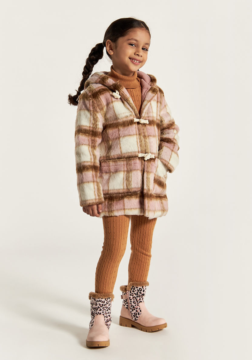 Eligo Checked Long Sleeves Jacket with Hood and Faux Fur Detail-Coats and Jackets-image-0