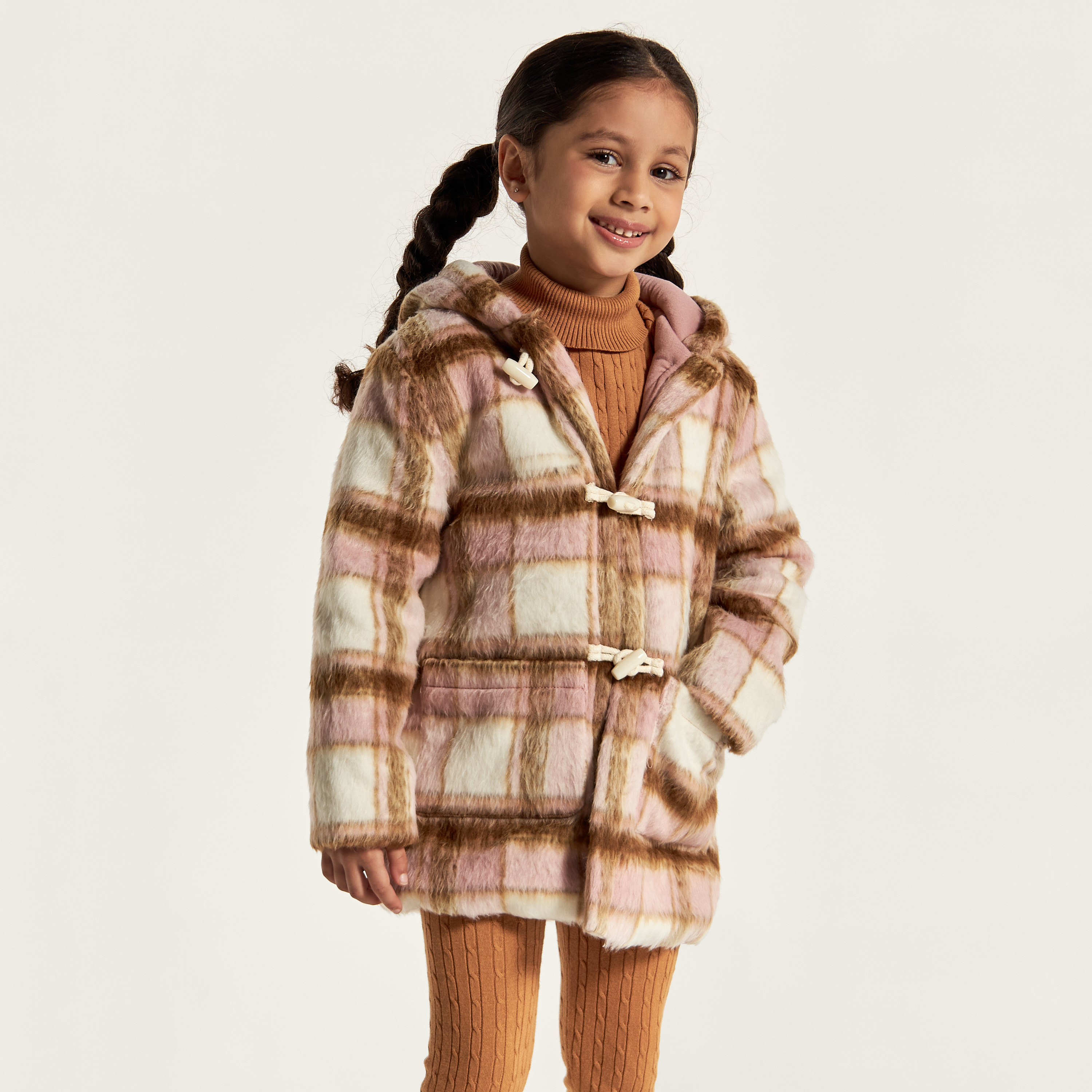 Eligo Checked Long Sleeves Jacket with Hood and Faux Fur Detail-girls-clothing-winterwear-jacketsandcoats-image-2