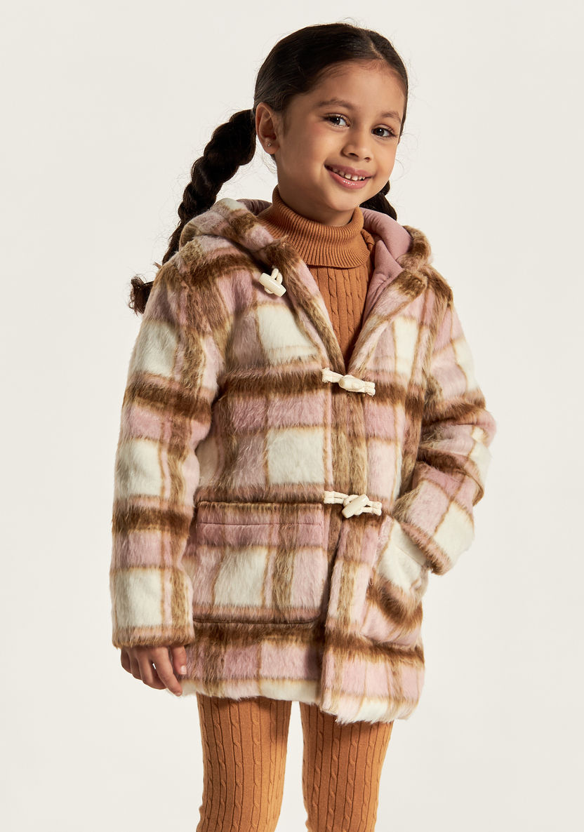 Eligo Checked Long Sleeves Jacket with Hood and Faux Fur Detail-Coats and Jackets-image-1