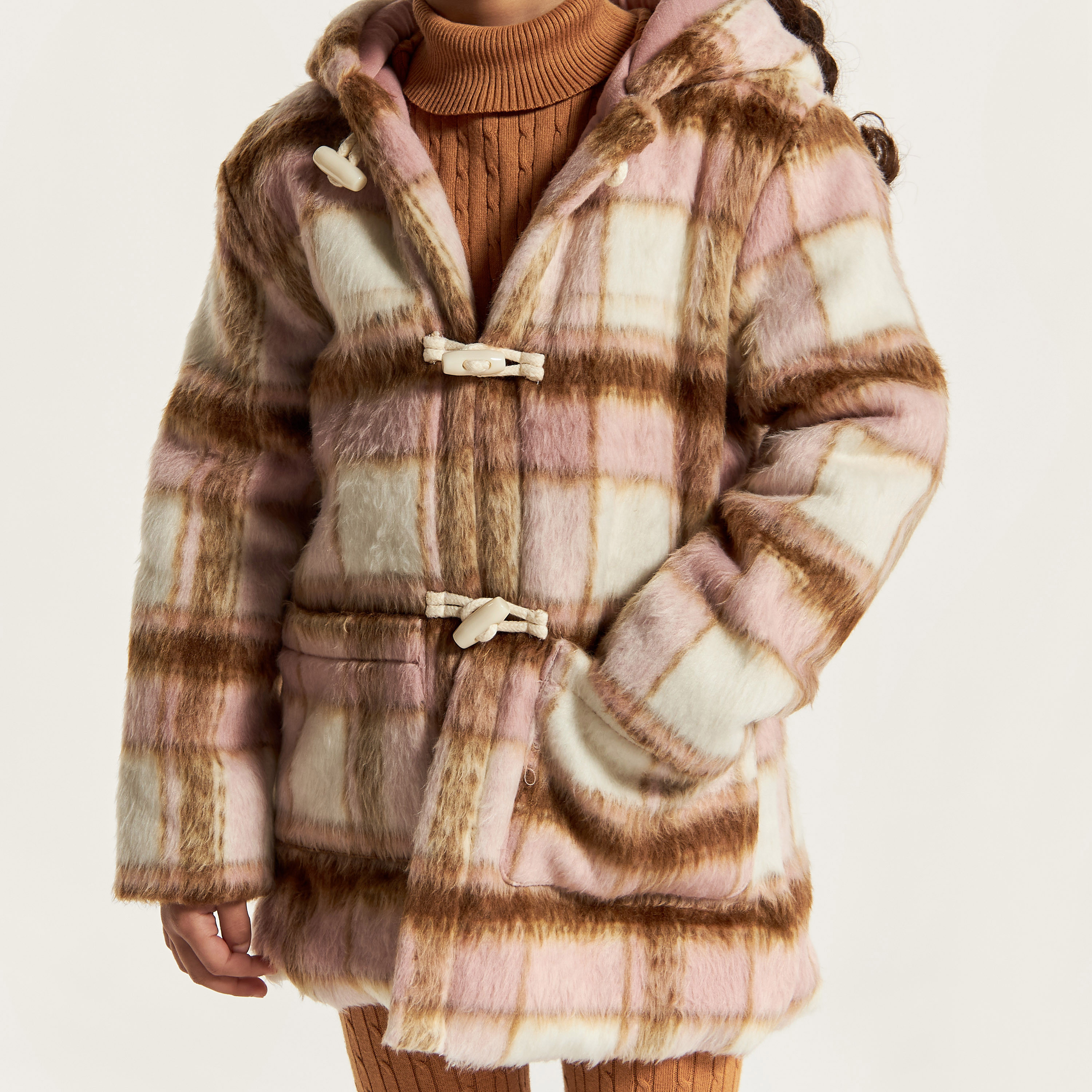 Eligo Checked Long Sleeves Jacket with Hood and Faux Fur Detail-girls-clothing-winterwear-jacketsandcoats-image-3