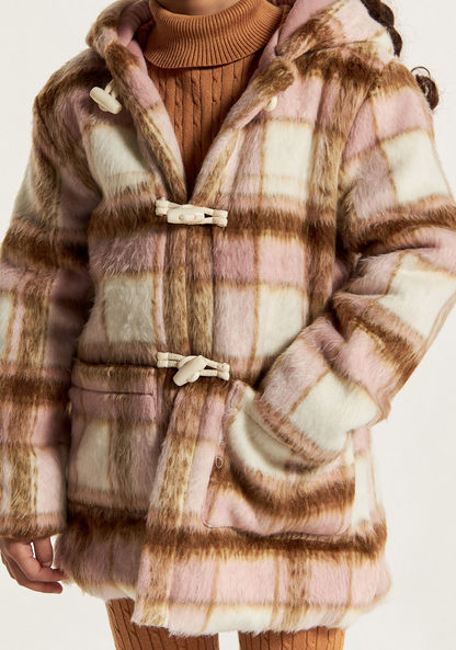 Eligo Checked Long Sleeves Jacket with Hood and Faux Fur Detail