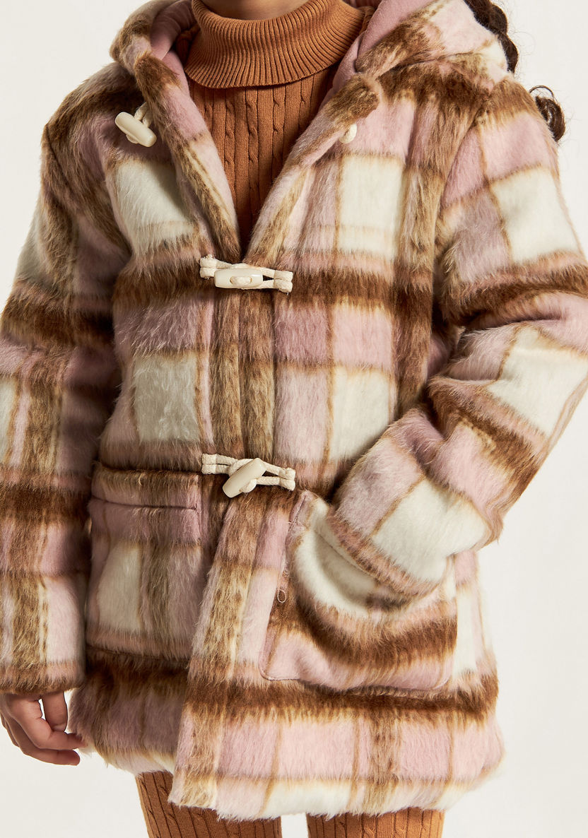 Eligo Checked Long Sleeves Jacket with Hood and Faux Fur Detail-Coats and Jackets-image-2