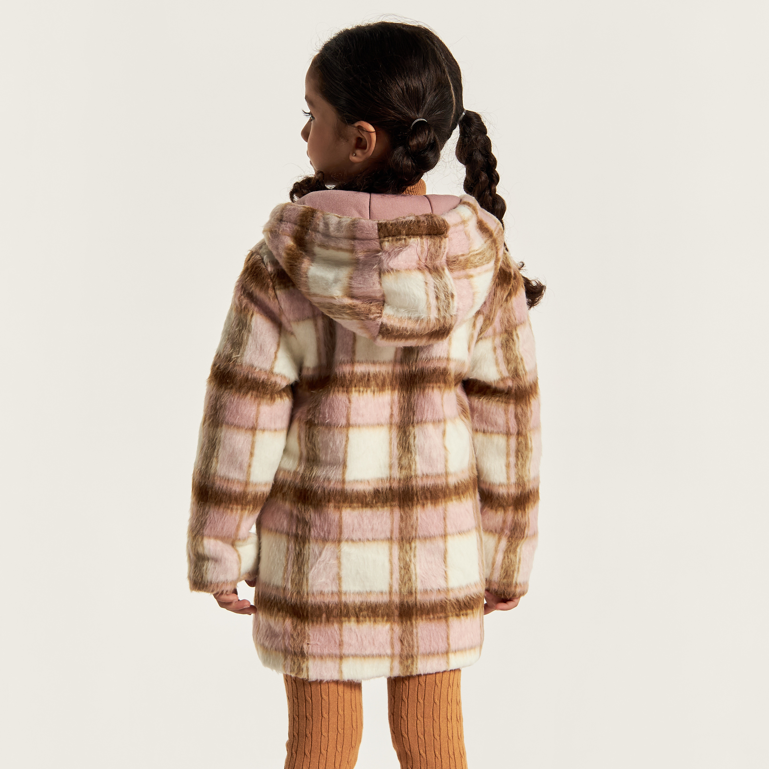 Eligo Checked Long Sleeves Jacket with Hood and Faux Fur Detail-girls-clothing-winterwear-jacketsandcoats-image-4